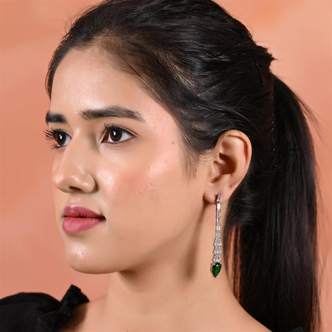 Designer CZ Pink Green Green White Silver Plated Sleek Long Dangler Earrings