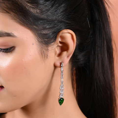 Designer CZ Pink Green Green White Silver Plated Sleek Long Dangler Earrings