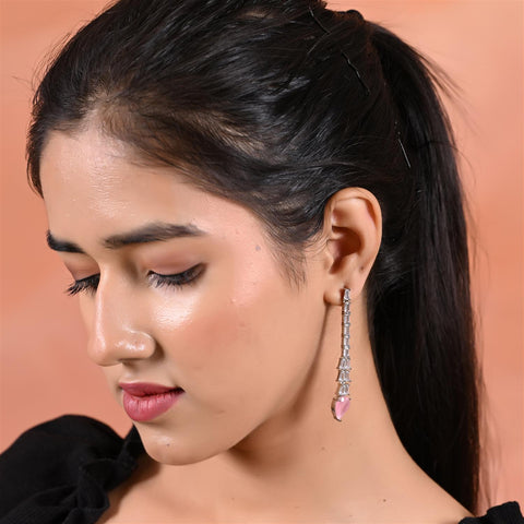 Designer CZ Pink Green Green White Silver Plated Sleek Long Dangler Earrings