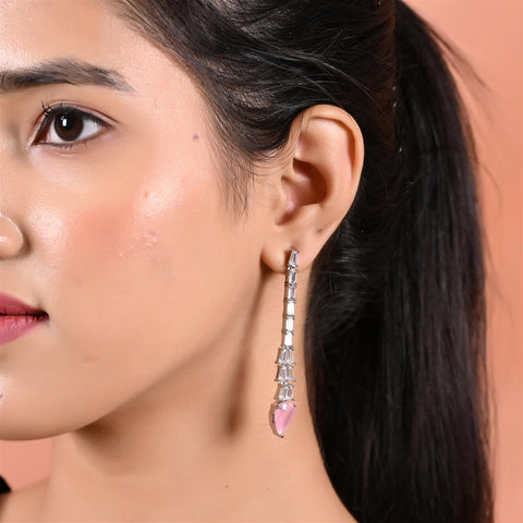 Designer CZ Pink Green Green White Silver Plated Sleek Long Dangler Earrings