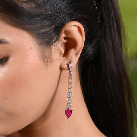 Designer CZ Pink Green Green White Silver Plated Sleek Long Dangler Earrings