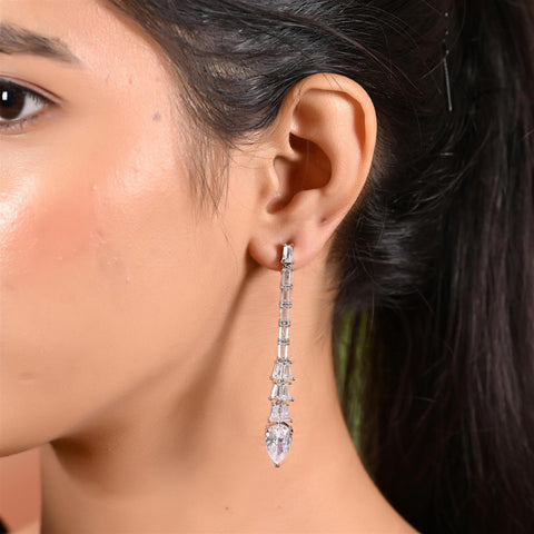 Designer CZ Pink Green Green White Silver Plated Sleek Long Dangler Earrings