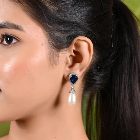 Designer CZ Green Blue Red Pearl Drop Silver Plated Sleek Dangler Earrings