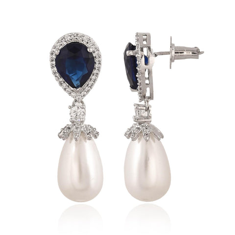 Designer CZ Green Blue Red Pearl Drop Silver Plated Sleek Dangler Earrings