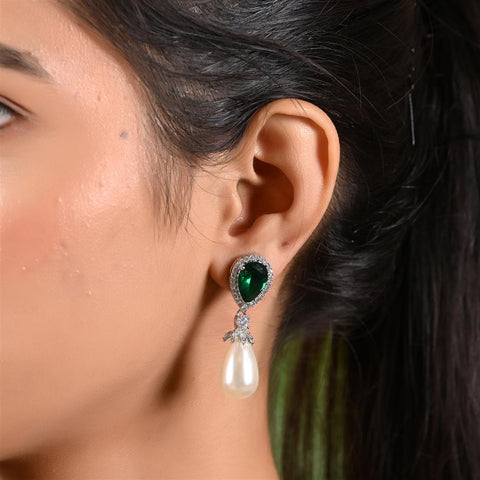 Designer CZ Green Blue Red Pearl Drop Silver Plated Sleek Dangler Earrings