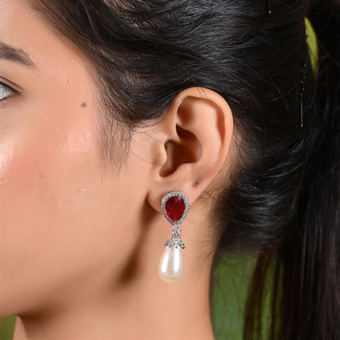 Designer CZ Green Blue Red Pearl Drop Silver Plated Sleek Dangler Earrings