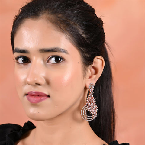 Designer CZ Rose Gold & Silver Plated White Chandelier Dangler Earrings