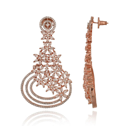 Designer CZ Rose Gold & Silver Plated White Chandelier Dangler Earrings