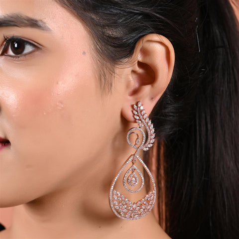 Cocktail CZ Rose Gold & Silver Plated White Chandelier Dangler Earrings