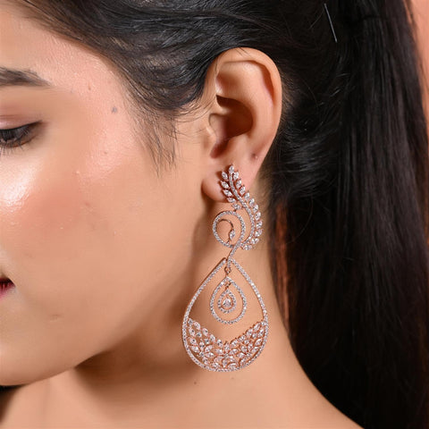 Cocktail CZ Rose Gold & Silver Plated White Chandelier Dangler Earrings