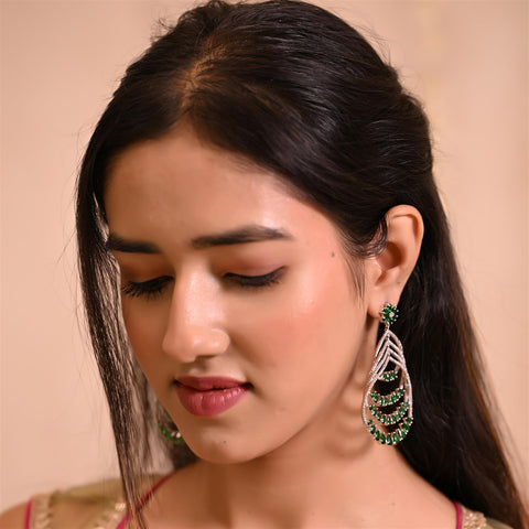 Designer CZ Silver Plated Green Chandelier Dangler Earrings