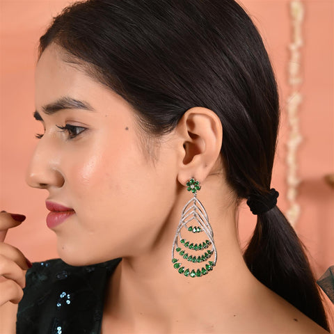 Designer CZ Silver Plated Green Chandelier Dangler Earrings