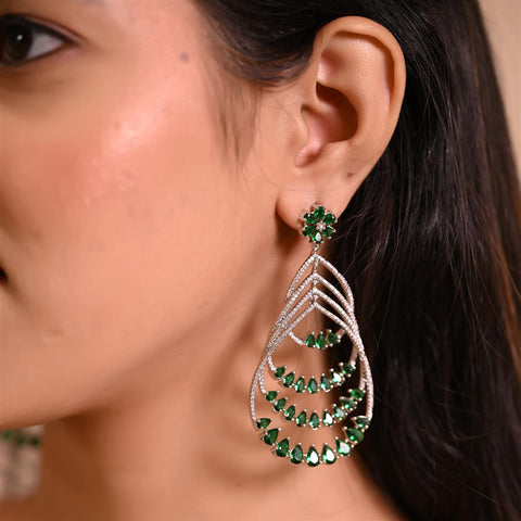 Designer CZ Silver Plated Green Chandelier Dangler Earrings
