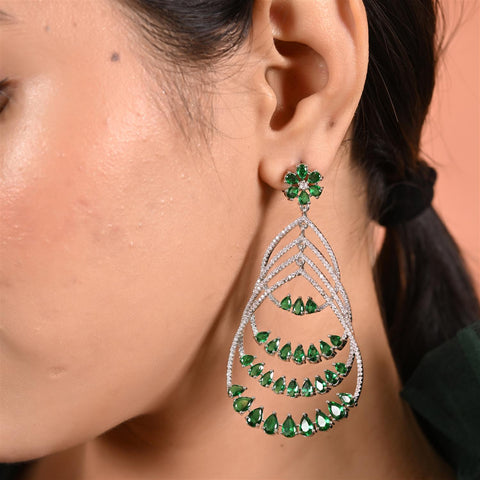 Designer CZ Silver Plated Green Chandelier Dangler Earrings