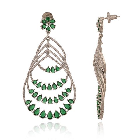 Designer CZ Silver Plated Green Chandelier Dangler Earrings