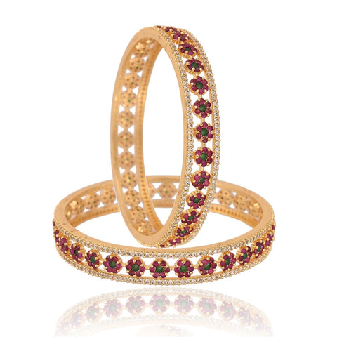 Gold Plated Round CZ Green Red Multi American Diamond Floral Kada Bangle