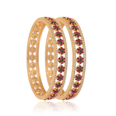 Gold Plated Round CZ Green Red Multi American Diamond Floral Kada Bangle