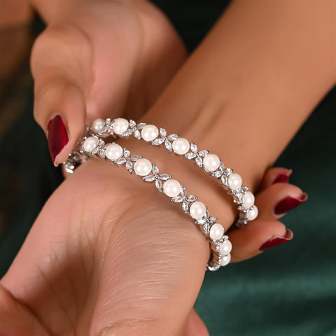 Gold Silver Plated CZ White American Diamond Pearl Wedding Bangle