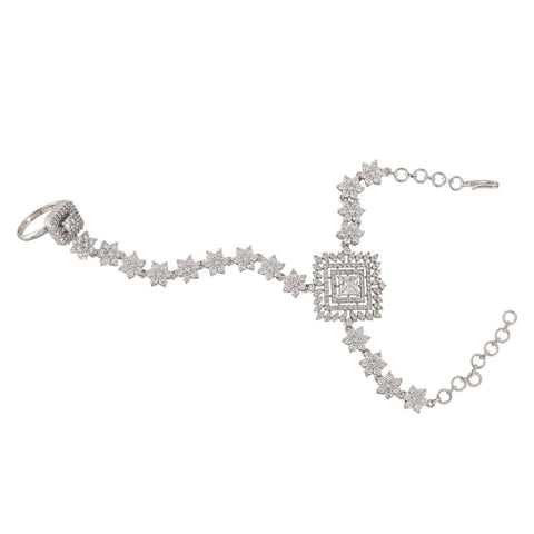 American Diamond CZ White Sleek Adjustable Ring Hathpanja Bracelet