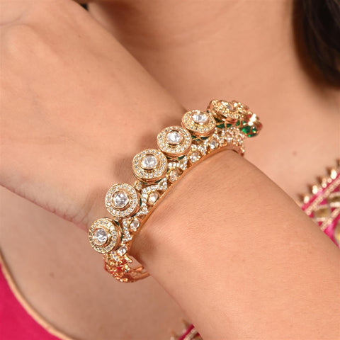 Kundan Diamond CZ Green Red Enamel Round Openable Kada Bracelet