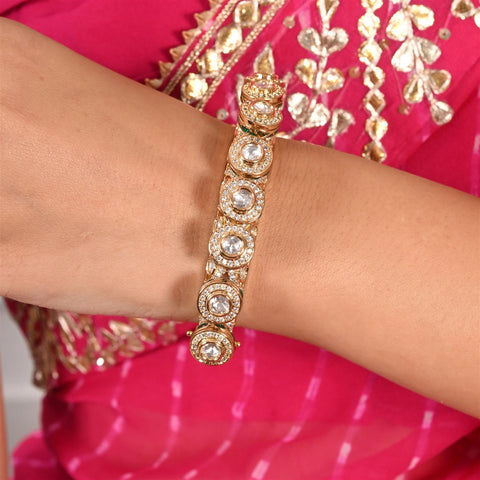 Kundan Diamond CZ Green Red Enamel Round Openable Kada Bracelet