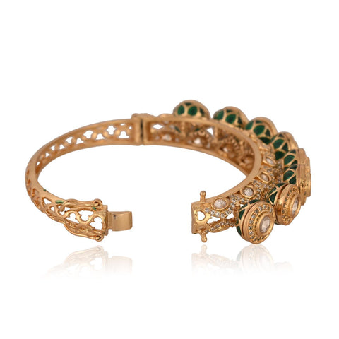 Kundan Diamond CZ Green Red Enamel Round Openable Kada Bracelet