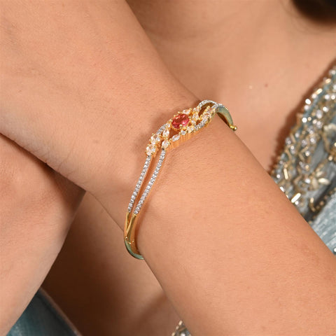 American Diamond CZ Green Red Round Gold Plated Openable Bracelet