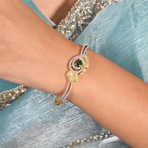 American Diamond CZ Green Round Gold Plated Openable Bracelet