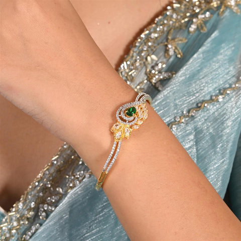 American Diamond CZ Green Round Gold Plated Openable Bracelet
