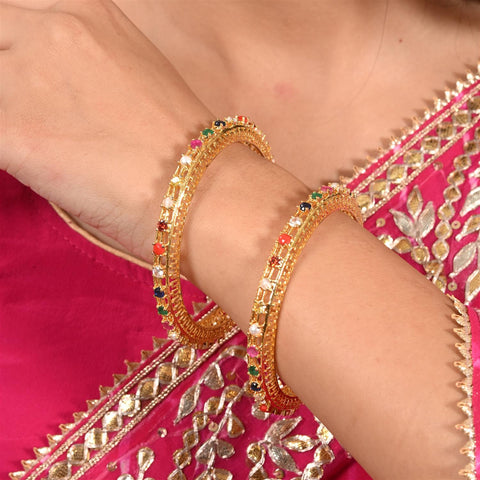 Gold Plated Round CZ Multi American Diamond Sleek Classy Bangle