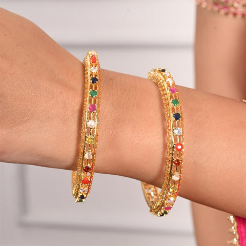 Gold Plated Round CZ Multi American Diamond Sleek Classy Bangle