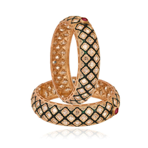 Kundan Diamond Gold Plated Green Enamel Openable Kada Bangles