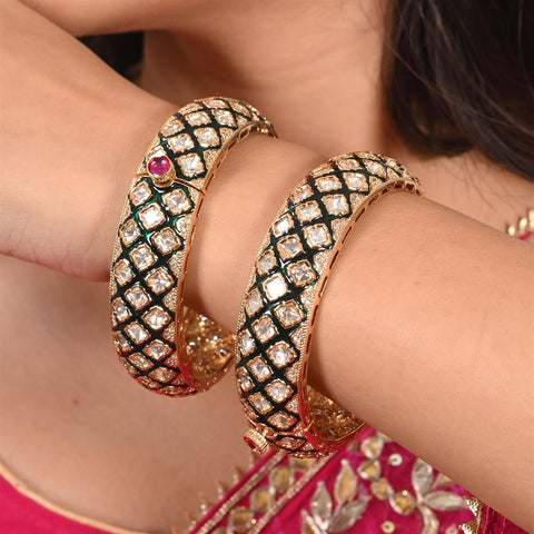 Kundan Diamond Gold Plated Green Enamel Openable Kada Bangles
