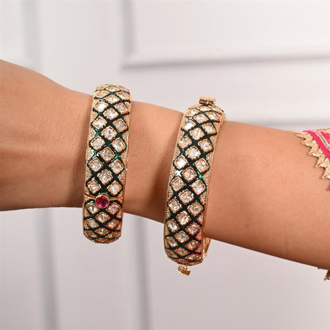 Kundan Diamond Gold Plated Green Enamel Openable Kada Bangles