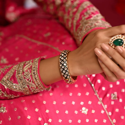 Kundan Diamond Gold Plated Green Enamel Openable Kada Bangles