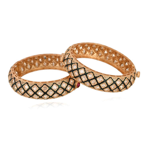 Kundan Diamond Gold Plated Green Enamel Openable Kada Bangles