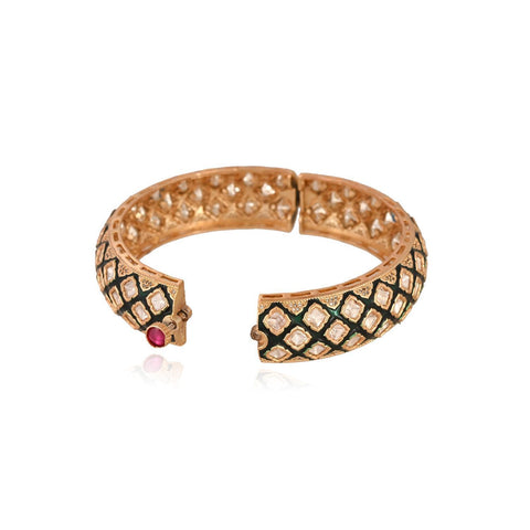 Kundan Diamond Gold Plated Green Enamel Openable Kada Bangles
