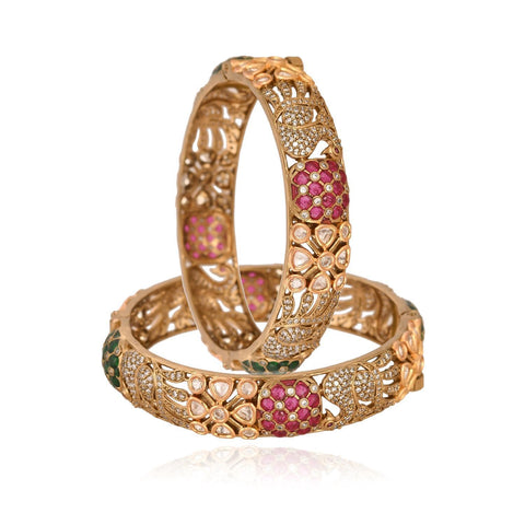 Kundan Diamond CZ Antique Mehendi Finish Peacock Pattern Openable Kada Bangles