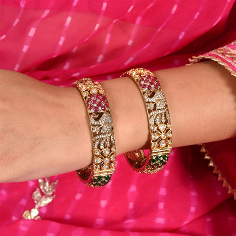 Kundan Diamond CZ Antique Mehendi Finish Peacock Pattern Openable Kada Bangles