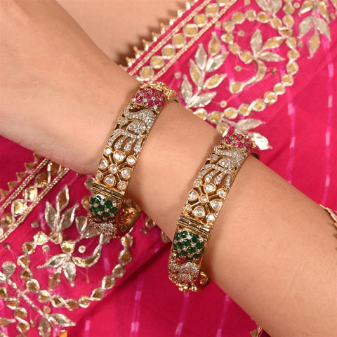 Kundan Diamond CZ Antique Mehendi Finish Peacock Pattern Openable Kada Bangles