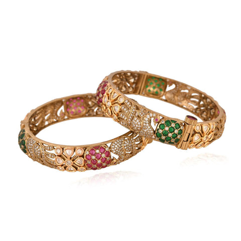 Kundan Diamond CZ Antique Mehendi Finish Peacock Pattern Openable Kada Bangles