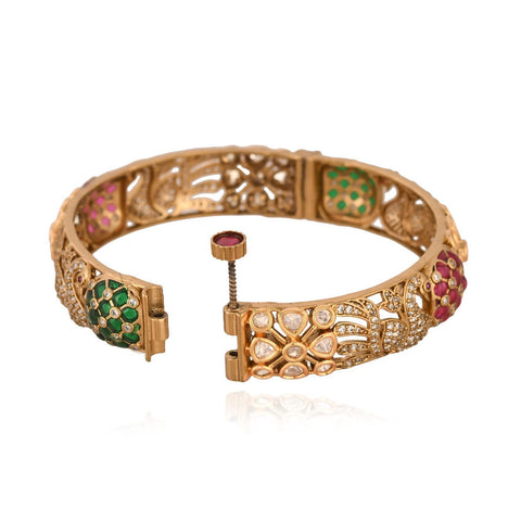 Kundan Diamond CZ Antique Mehendi Finish Peacock Pattern Openable Kada Bangles