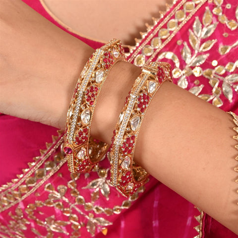 Kundan Diamond CZ Gold Finish Red Epoxy Openable Kada Bangles