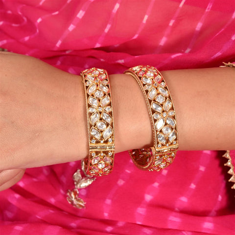 Kundan Diamond CZ Gold Finish Floral Openable Kada Bangles