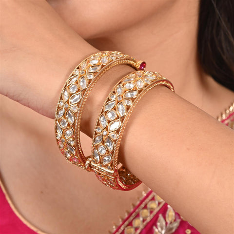 Kundan Diamond CZ Gold Finish Floral Openable Kada Bangles