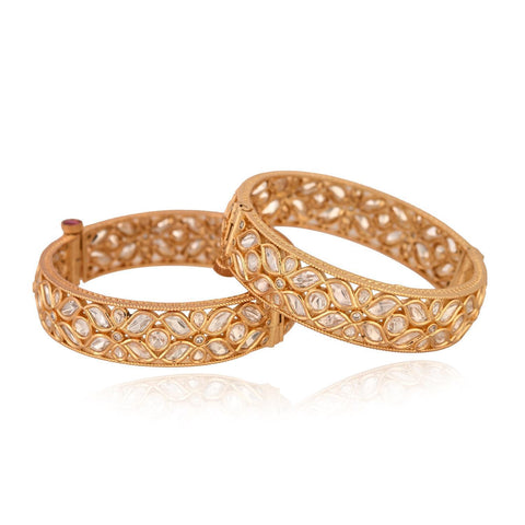 Kundan Diamond CZ Gold Finish Floral Openable Kada Bangles