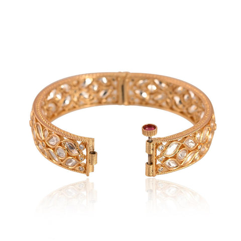 Kundan Diamond CZ Gold Finish Floral Openable Kada Bangles
