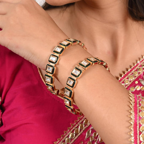 Kundan Diamond CZ Gold Finish Green Enamel Openable Kada Bangles