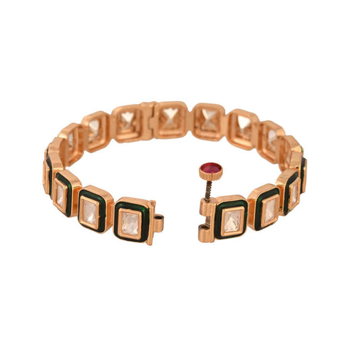 Kundan Diamond CZ Gold Finish Green Enamel Openable Kada Bangles