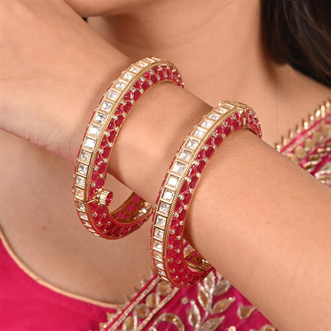 Kundan Diamond CZ Gold Finish Red Epoxy Openable Kada Bangles